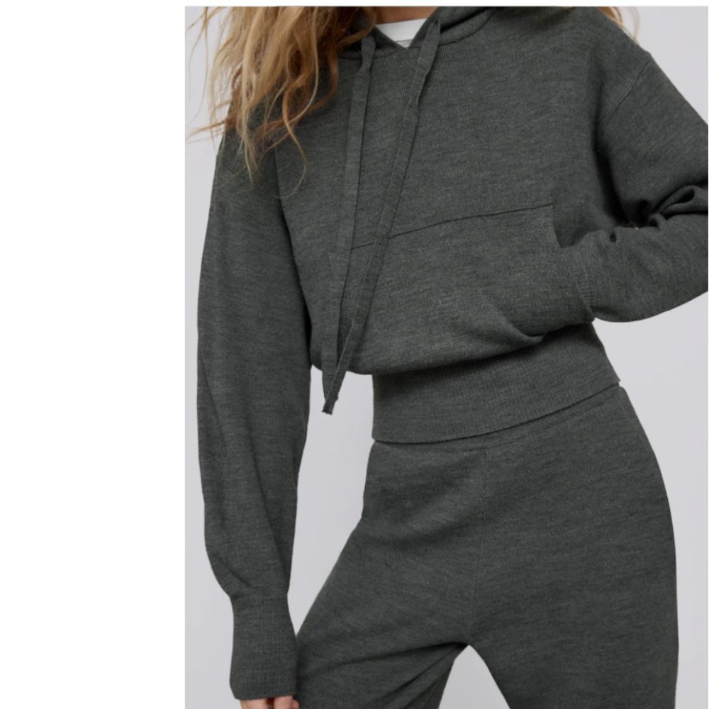 ZARA GRAY DRAWSTRING HOODED KNIT SWEATSHIRT